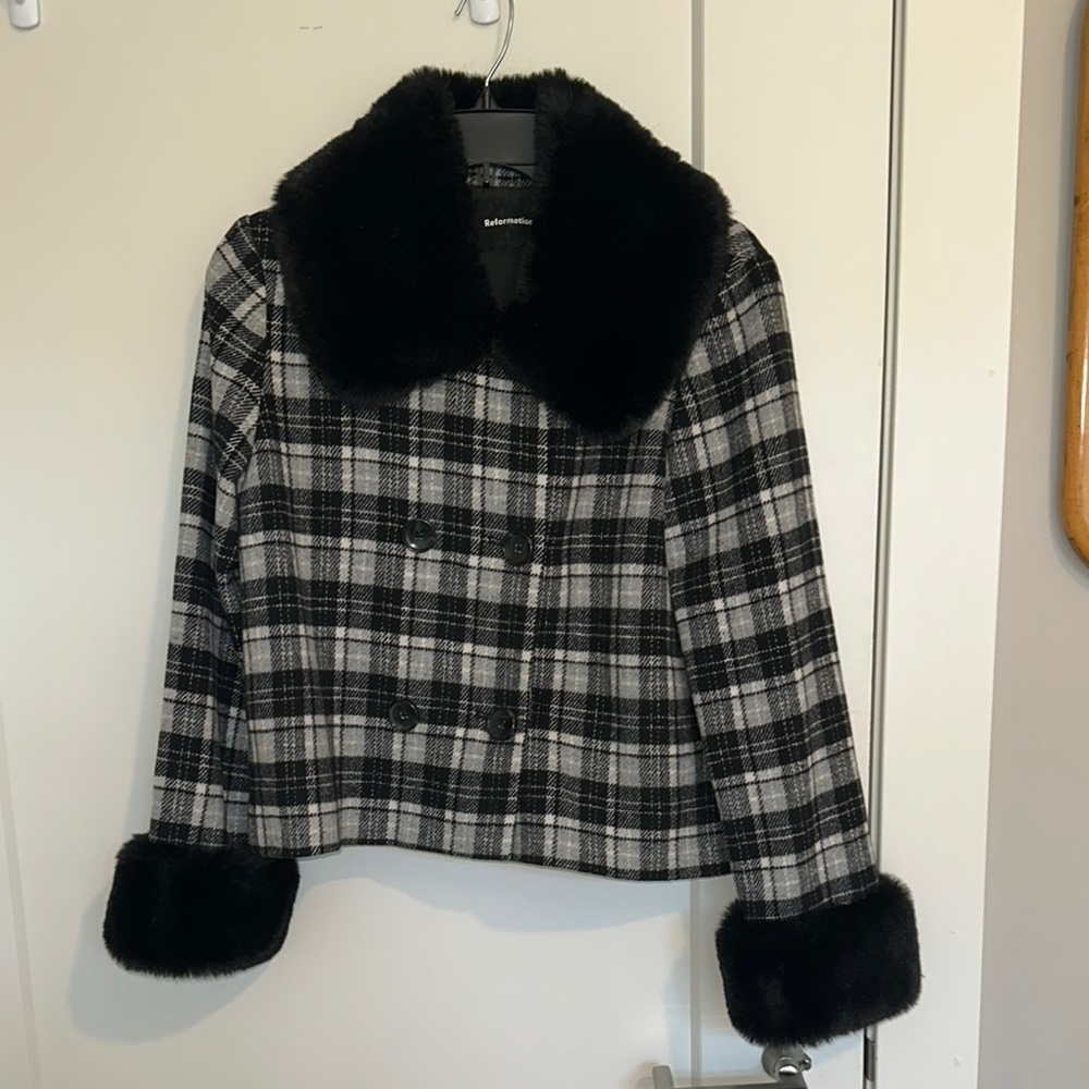 Reformation Black and Gray Pea Coat with Plush Accents
